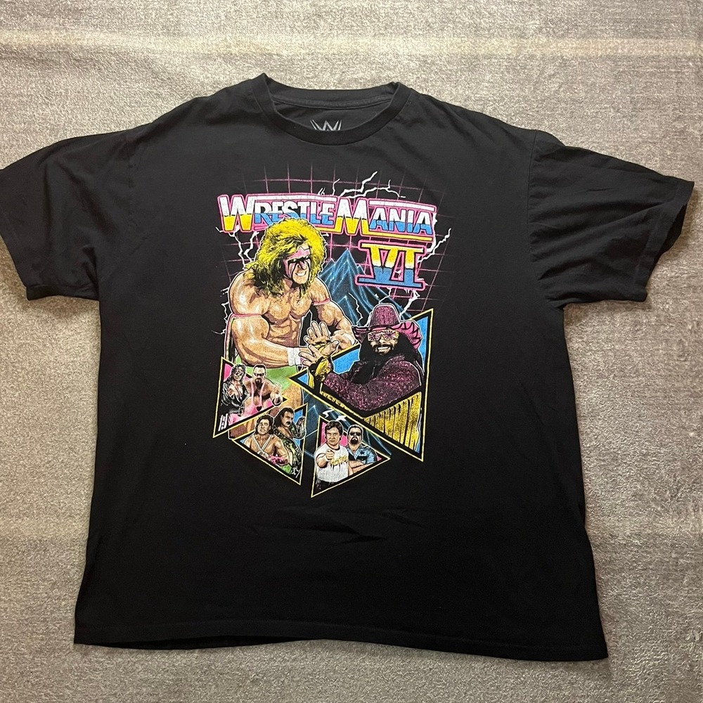 WWE WrestleMania VI T-Shirt Mens XL Black Ultimate Warrior Macho Man Graphic Tee